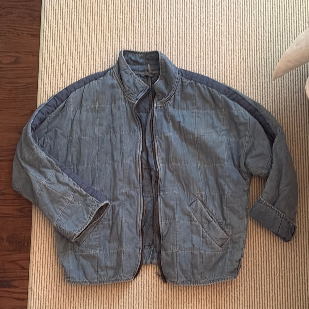Free People Quilted Denim Blue Jean Jacket with Navy Trim